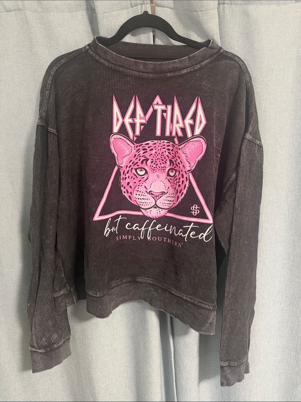 Simply Southern Black distressed Sweatshirt with Pink Leopard Graphic - XXL